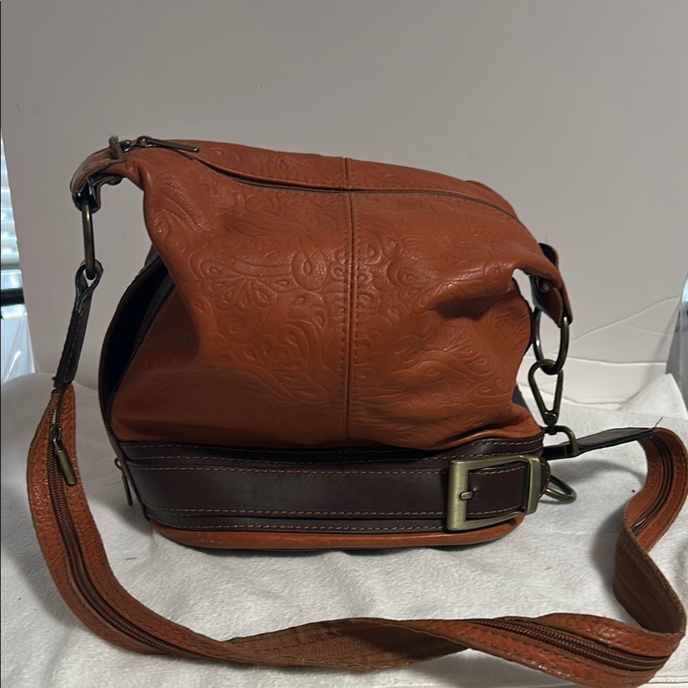 Embossed Leather Shoulder Bag - Brown and Tan genuine leather made in Italy